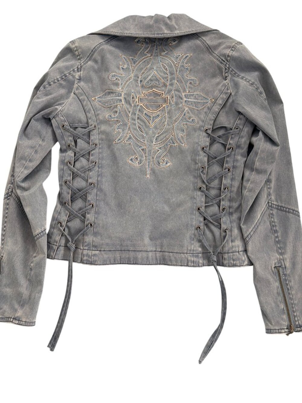 Harley Davidson Embroidered Gray Blue Denim Jacket Riding Tie Up Zippers XS NWOT